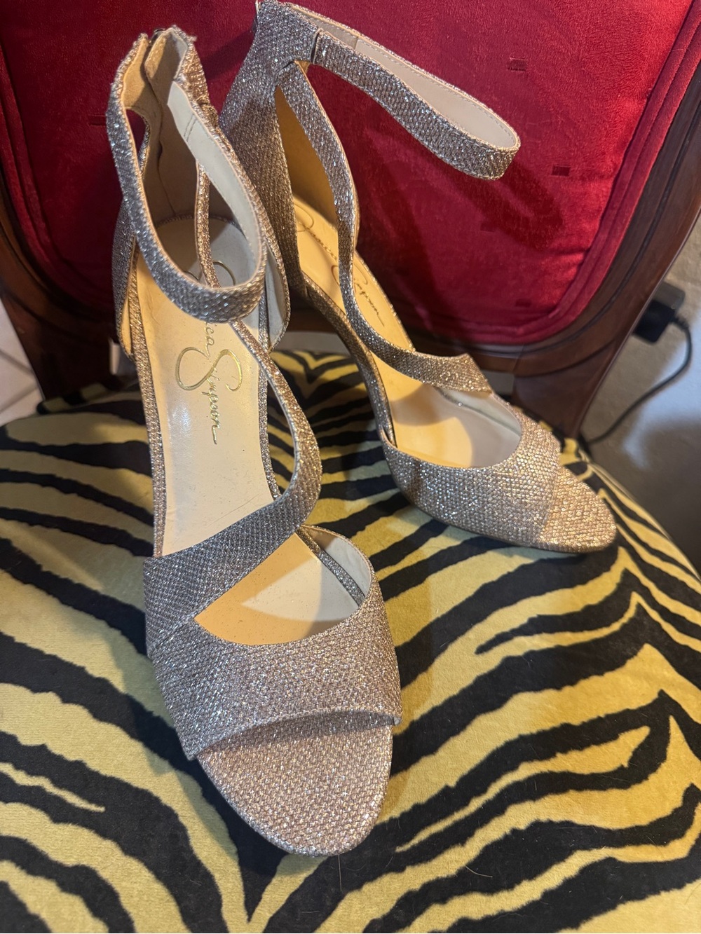 Jessica Simpson Ankle Strap Heeled Sandals – Champagne Gold Glitter